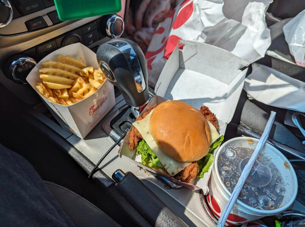 Chick-fil-A spicy chicken sandwich meal with fries and a soda